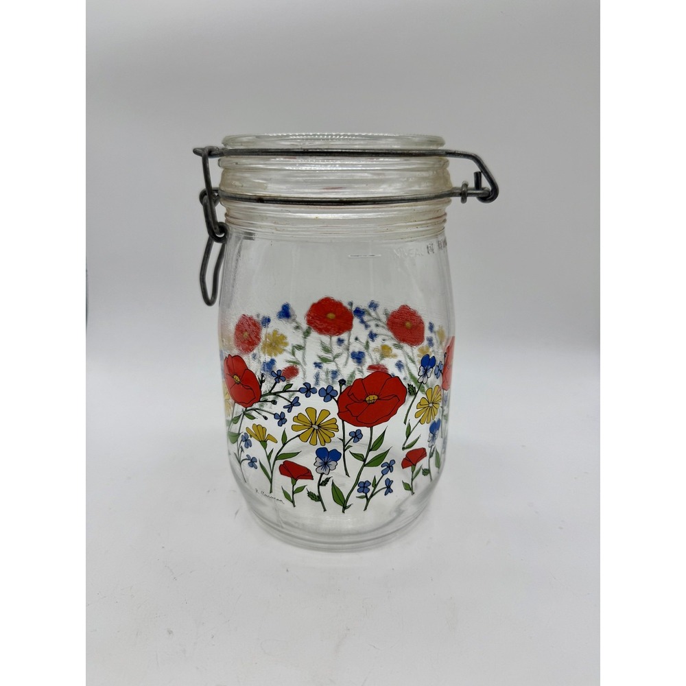 Vintage R Carman Arc France Floral Flowers Poppies Glass Storage Jar Canister